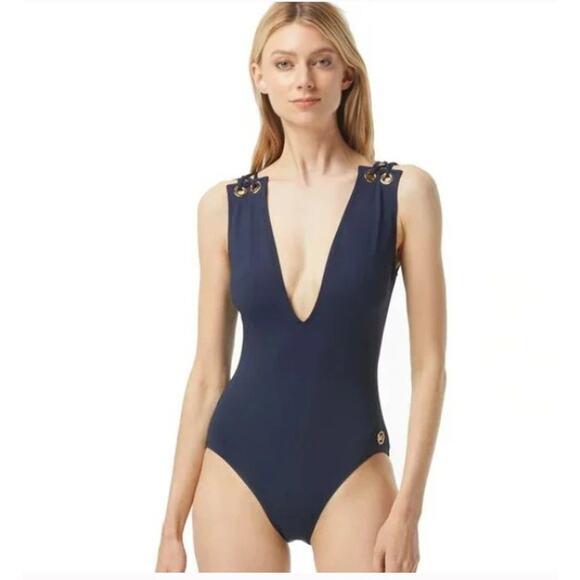 NWT Michael Kors One Piece Plunging V-Neck Swimsuit in Navy, Size 10 - Picture 1 of 9